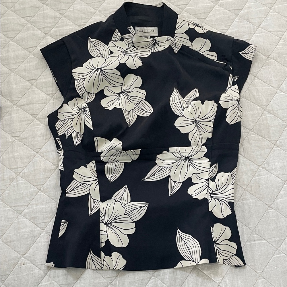 Karen Millen Black and Cream Floral Blouse